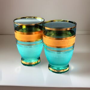 Vintage MCM Teal Blown Glass Tumbler Glasses With 22K Gold Bands